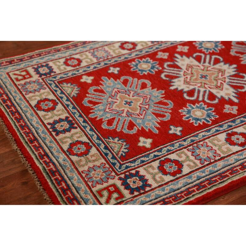 Traditional Kazak Foyer Rug Hand-Knotted Geometric Red Wool Carpet - 2'8"x 4'1"
