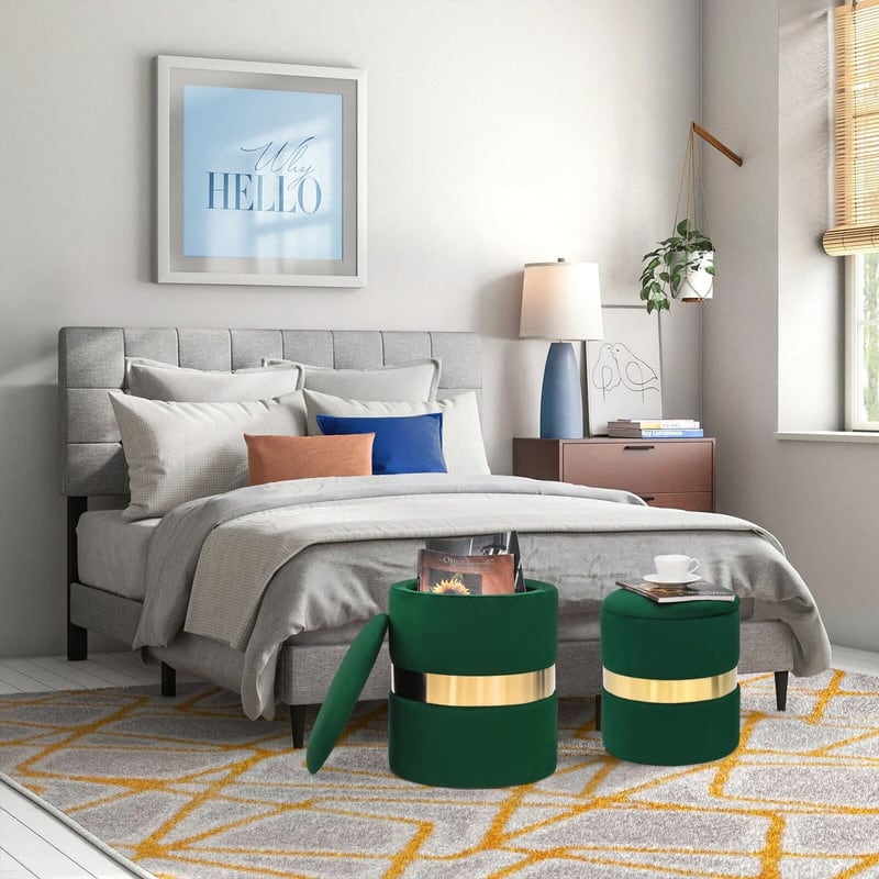 Adeco Set of 2 Velvet Storage Ottoman Round Foot Stool Metal Band