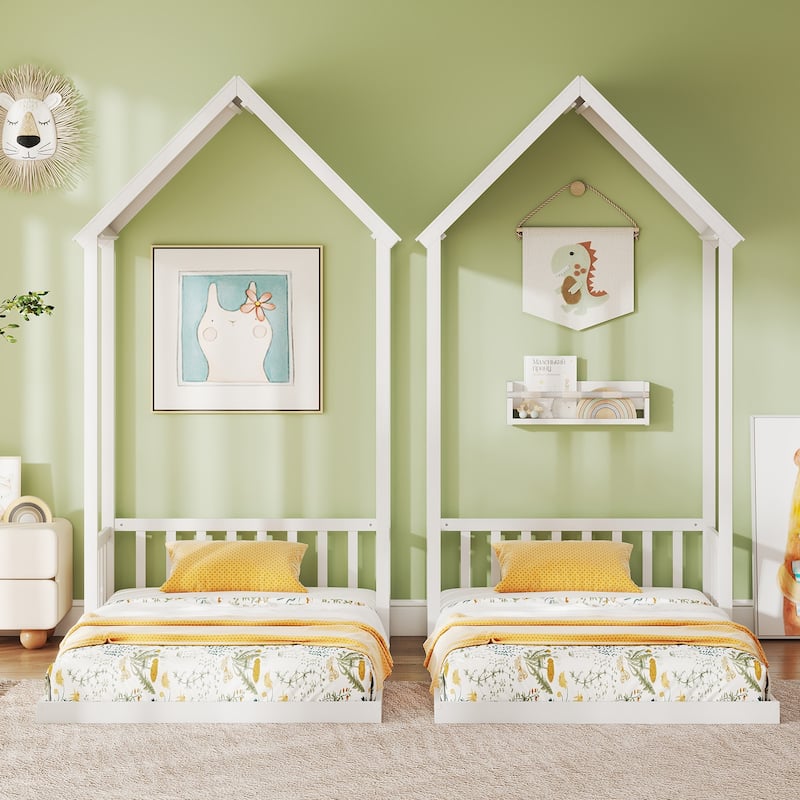 Twin Size Wooden Montessori Floor Bed with House Shape Frame and Semi-Fence Railings for Kids Room