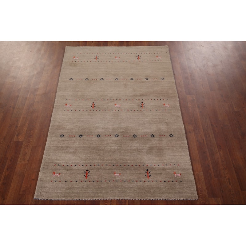 Light Brown Tribal Gabbeh Indian Accent Rug Handmade Wool Carpet - 4'0"x 5'10"