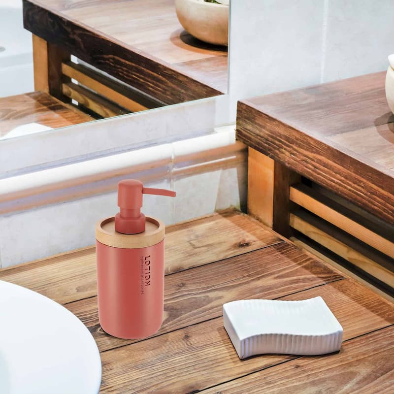 Elegant Soap Dispenser - Polyresin and Bamboo Design, Refillable Liquid Pump - 3 L x 3 W X 7 h