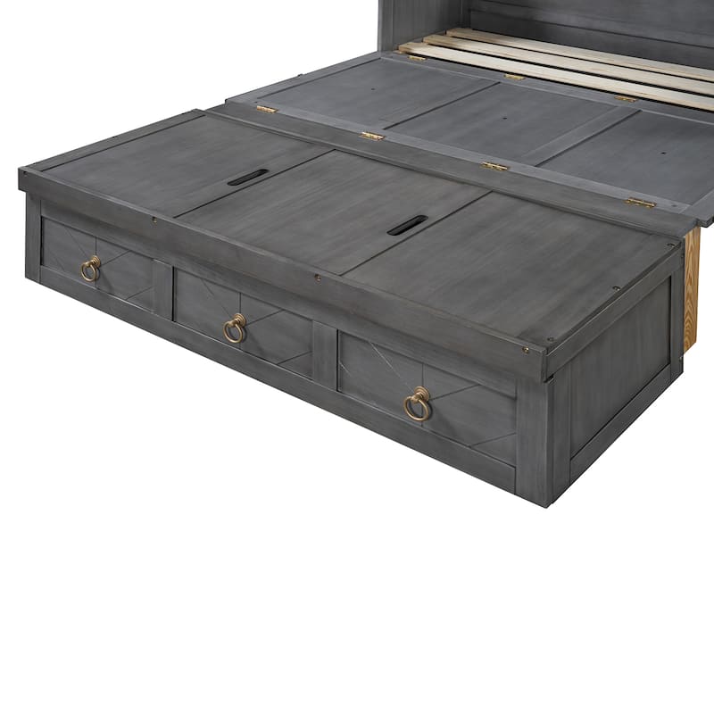 Space-Saving Full Murphy Bed with USB Charging Ports, Large Drawer & Sturdy Pine Wood Construction