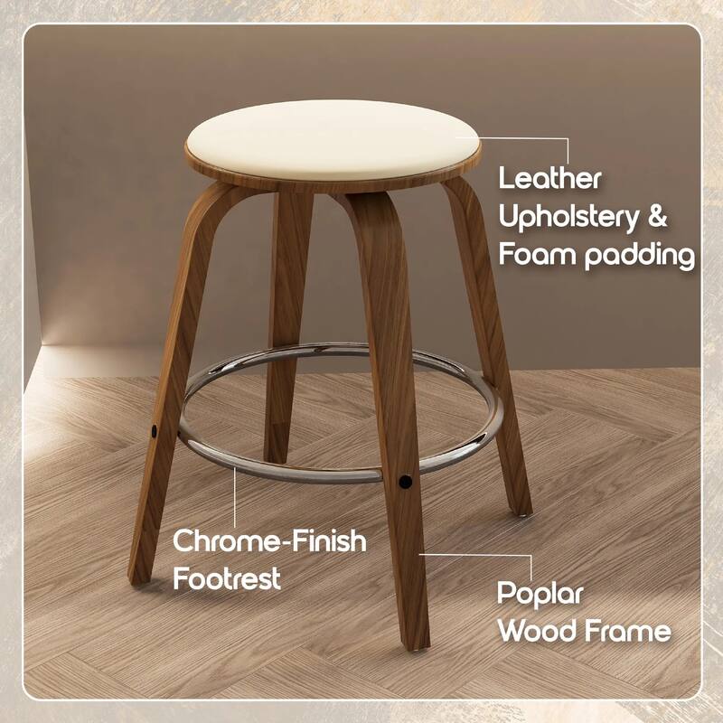 Pelya Leather Swivel Round Counter Stool with Wood Legs and Chrome Footrest for Kitchen Island or Dining Area Set of 2