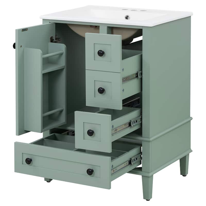 24" Bathroom Vanity with Integrated Ceramic Basin - Soft-Close Drawers, Door-Mounted Shelf