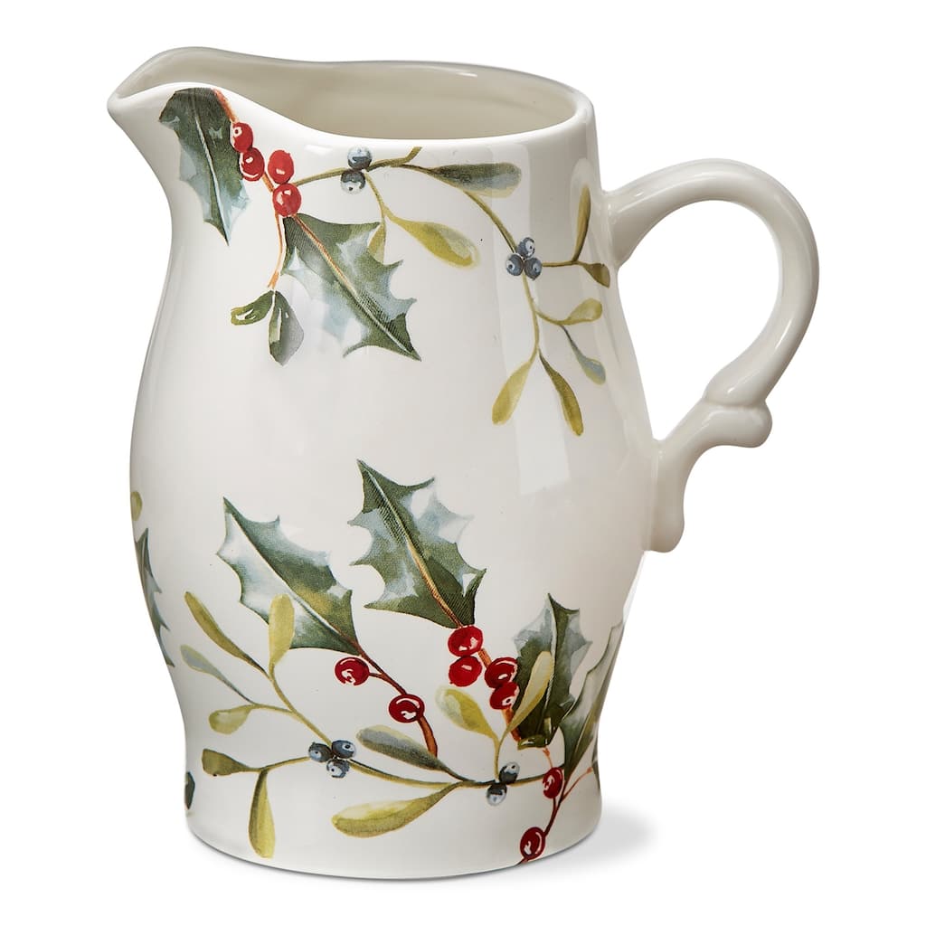 Winter Sprig Pitcher Stoneware White with Sprig and Holly, 6.9"L x 5.8"W x 8.25"H, 56 oz,