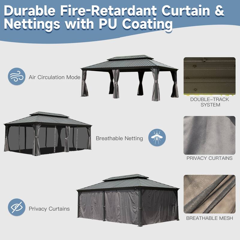 14' X 20' Hardtop Gazebo with Double Roof, Aluminum Frame, Curtains, and Netting for Outdoor Spaces