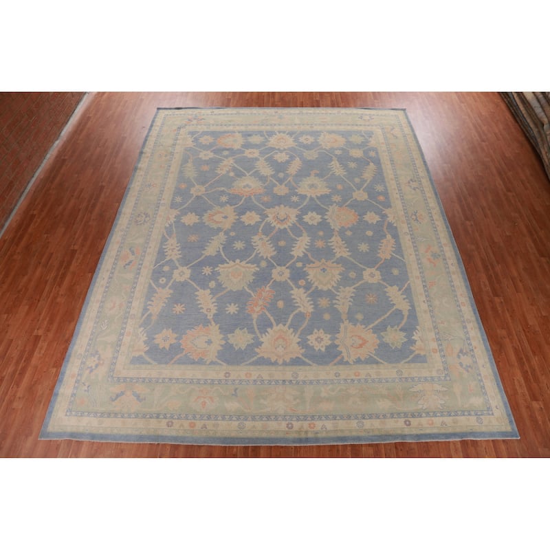 Hand Knotted Oriental 100% Wool Carpet Transitional All-Over Navy Blue & Blues Oushak Area Rug - 14' 11'' X 12' 1''