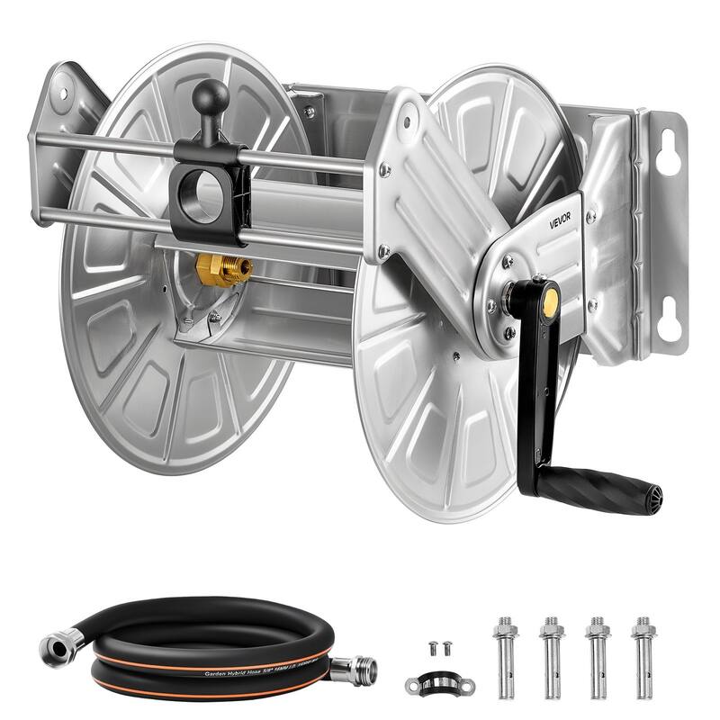 Wall Mounted Garden Hose Reel for 150ft Hose with Nylon Guide - 17.32 x 17.32 x 15.75 inches - Silver