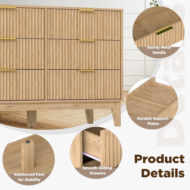 EROMMY Fluted Dresser 6 Drawer Mid Century Modern Dresser Wide Chest of Drawers with Metal Handles for Bedroom Living Room