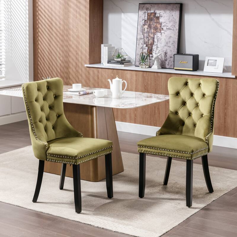 Set of 2 Velvet Tufted Upholstered Dining Chair with Wood Legs - Olive