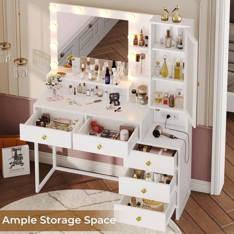 Makeup Vanity with Charging Station Mirror with Lights 5 Drawers