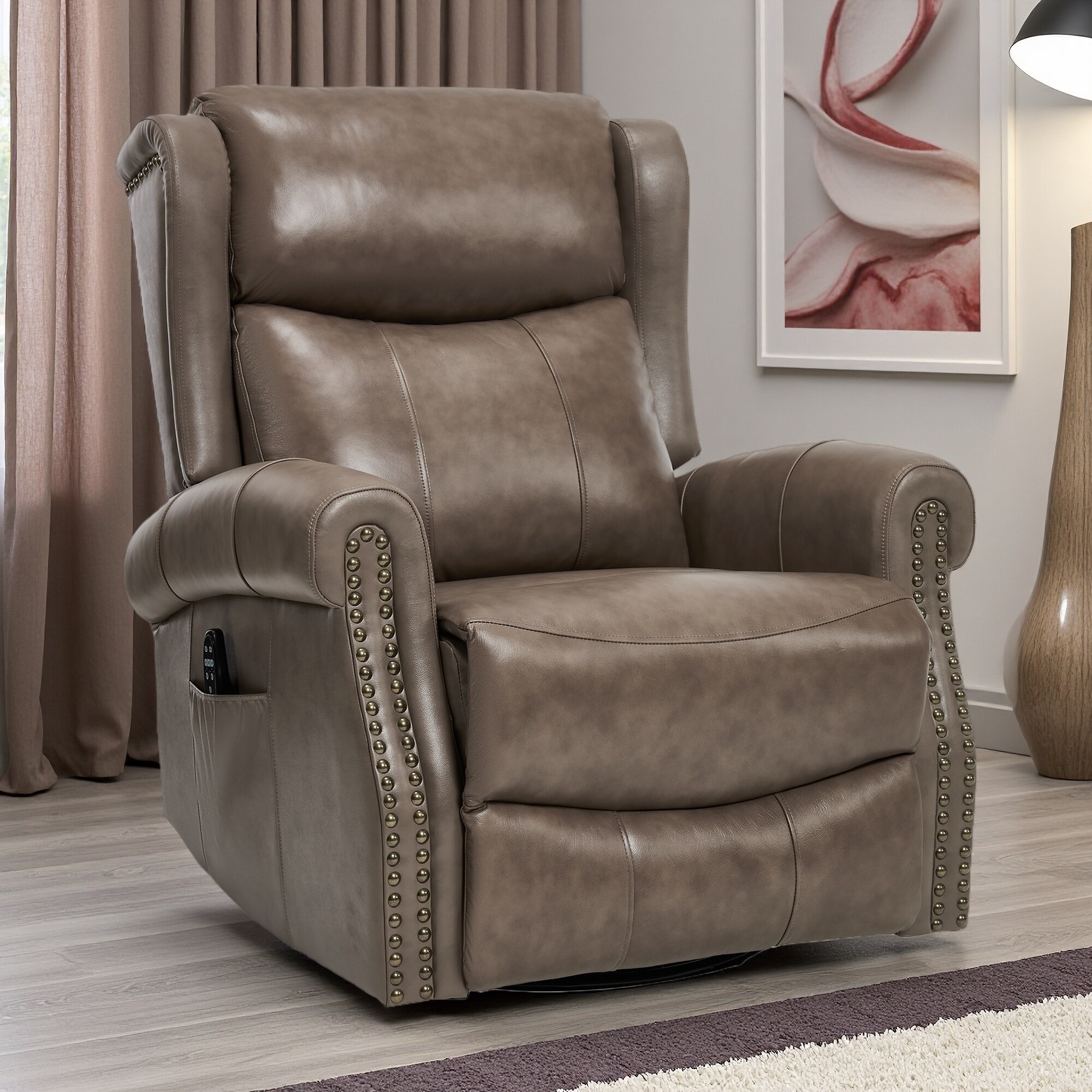 Metal Genuine Leather Manual Recliner Chair with 360° Swivel Rocker and 8-Point Heat Massage