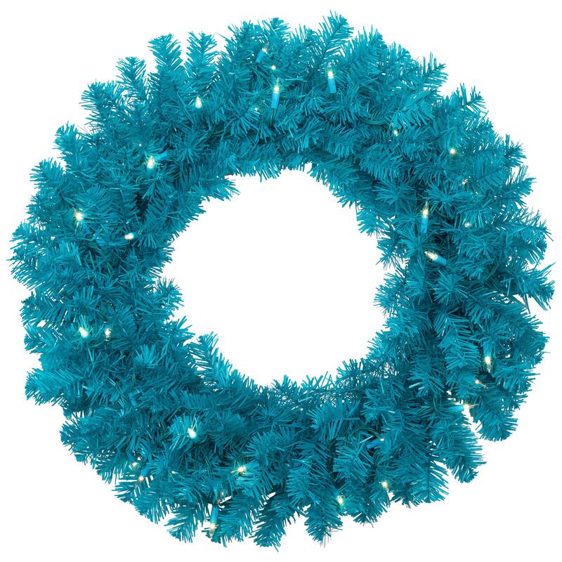 Pre-Lit Artificial Pine Christmas Wreath - 24" - Turquoise - Clear Lights