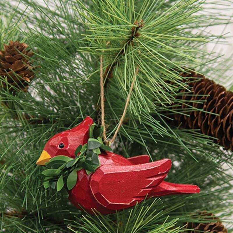 Red Wooden Cardinal Ornament with Carved Design and Jute Hanger - 4.25 x 2 x 2.50 in.