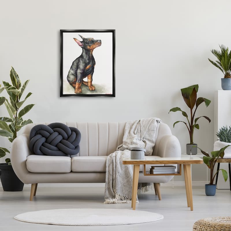 Stupell Doberman Puppy Dog Pet Animal Watercolor Painting Floater Frame - Black
