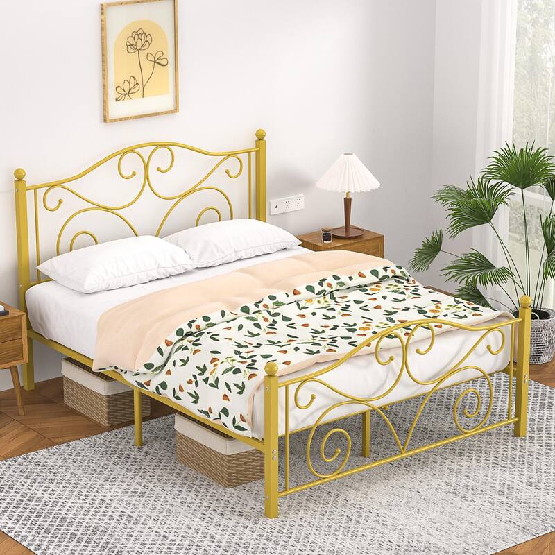 VECELO Metal Platform Bed Frame with Scroll Headboard, Twin/Full/Queen Size Beds