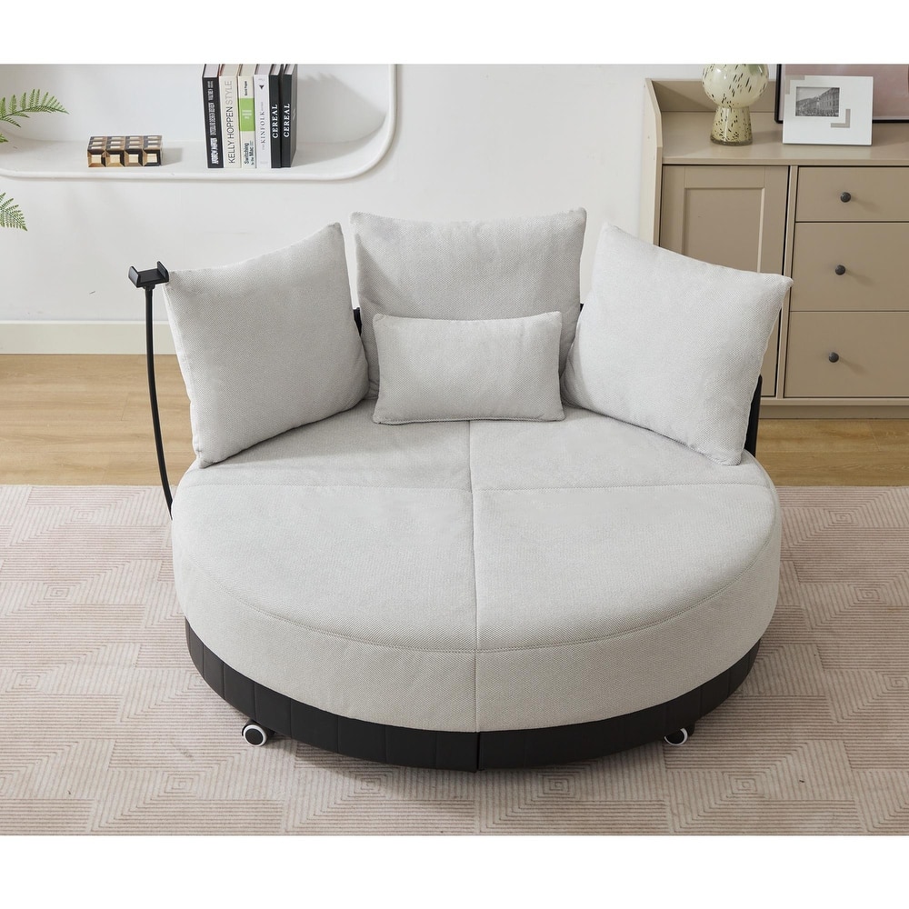 360° Swivel Barrel Chair Round Sofa Chair with Casters and Adjustable Phone Stand, Upholstered in Anti-Wrinkle Polyester Fabric