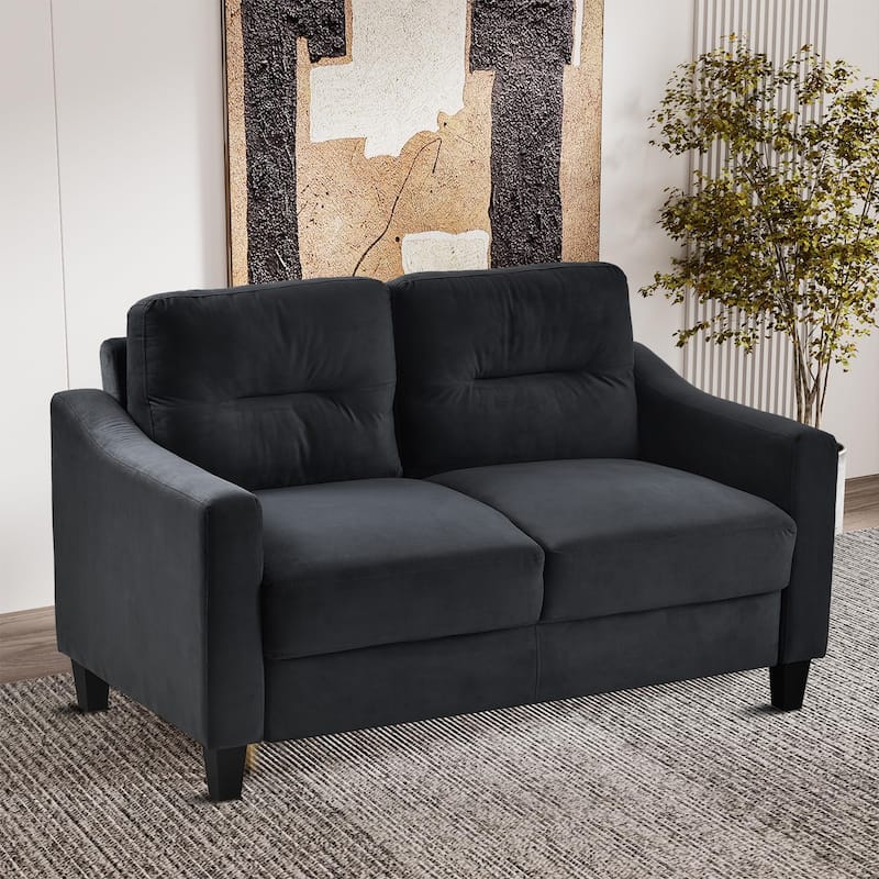 Modern Minimalist Velvet Upholstered Sofa with Plastic Legs - 54.33''W x 29.13''D x 33.03''H - Black