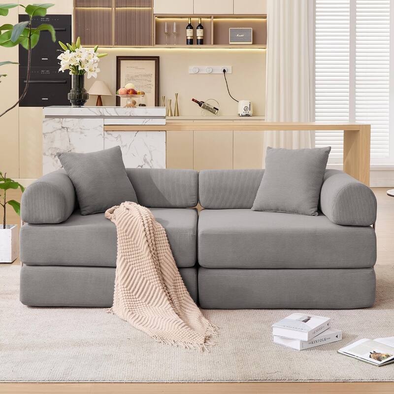 Modular Couch Sofa Bed, Convertible Design with Removable Armrests,Folding Mattress Couch for Small Spaces ,No Assembly - Grey