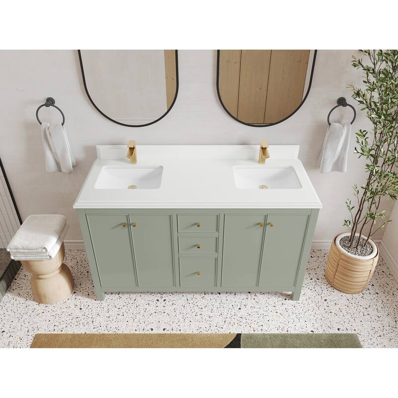 Willow Collections 60 in. W x 22 in. D Chicago Double Sink Bathroom Vanity with Countertop - 1.5”White Quartz - Evergreen
