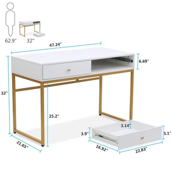 dimension image slide 5 of 6, 47 inch Home Office Desk Study Writing Table with 2 Storage Drawers