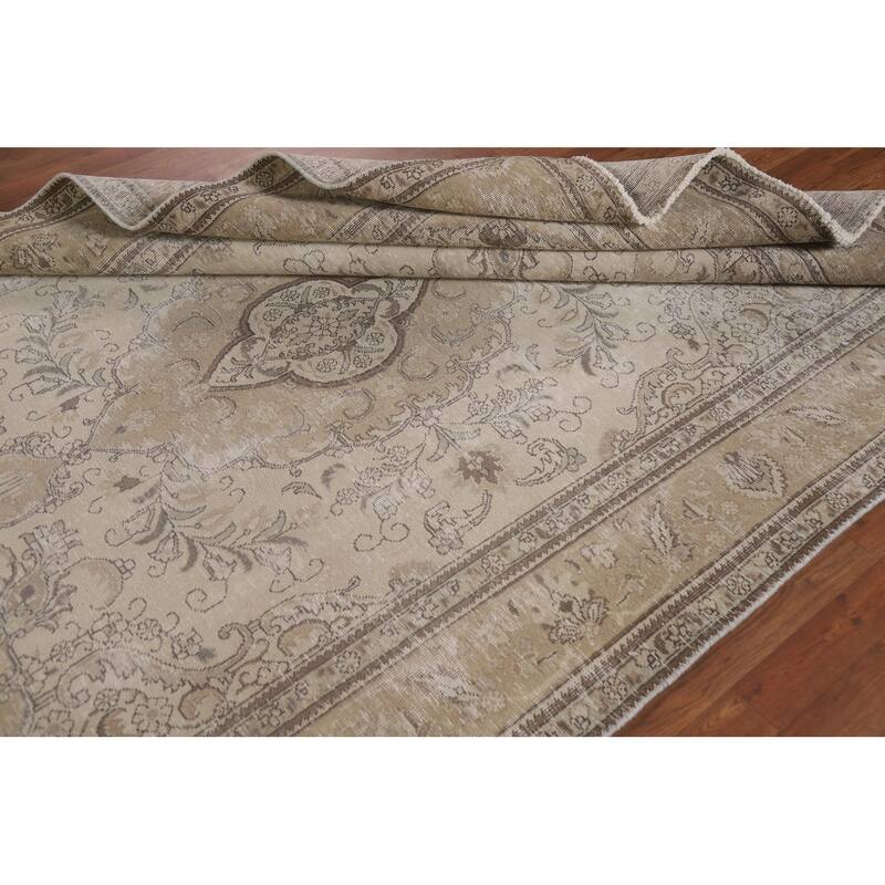 Beige Distressed Tabriz Persian Vintage Rug Handmade Wool Carpet - 6'6" x 9'3"