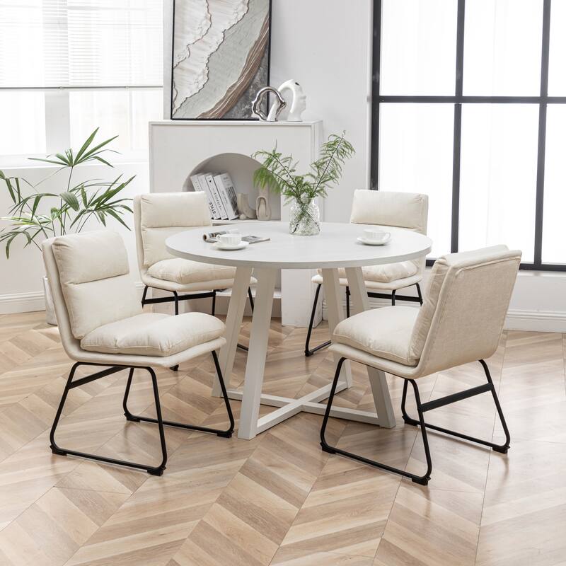 Trestle Dining Table Set with 4 White Upholstered Side Chairs