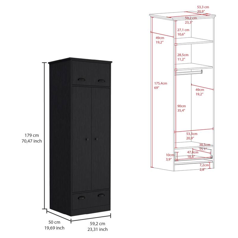 23.3" Modern Armoire with Hanging Rod, 1 Drawer and 1 Hinged Drawer for Bedroom