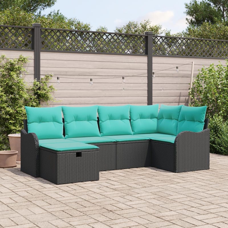 vidaXL 6/7 Garden Sofa Set with Cushions Black/Brown/Grey Poly Rattan - 91.5 x 48.2 x 27.2 - Black without table