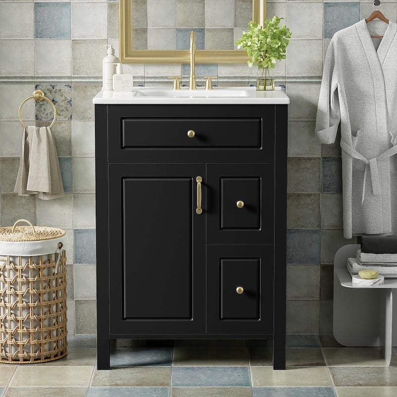 24-Inch Bathroom Vanity with Ceramic Sink & Soft Close Drawers by Harper&Bright Designs - Black