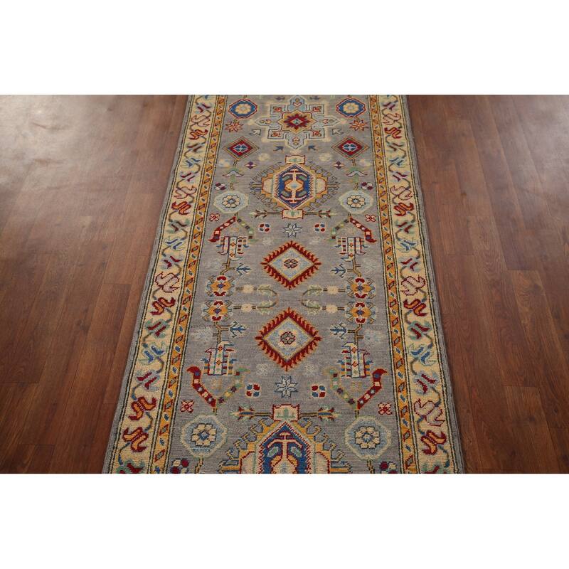 Geometric Kazak Runner Rug Hand-Knotted Grey Wool Carpet - 2'7" x 16'3"
