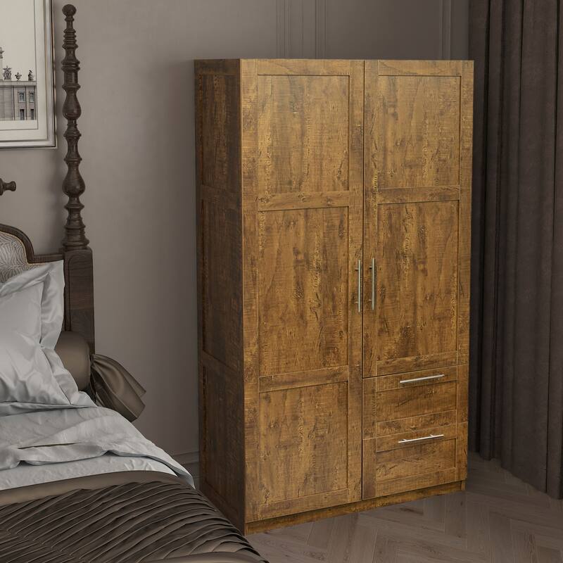 High Wardrobe Armoire & Kitchen Cabinet with 2 Doors, 2 Drawers and 5 Storage Spaces, Durable Sturdy MDF Frame for Bedroom