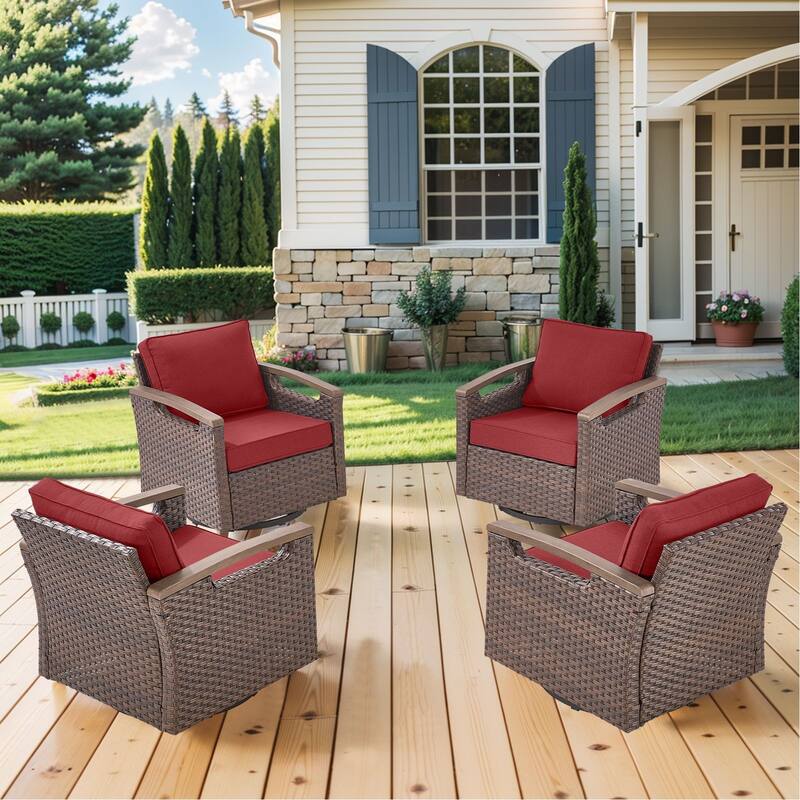 Pocassy Outdoor Brown Wicker Funitre with Cushion Set - Red Cushion - Swivel Chairs Table with Ottoman Set