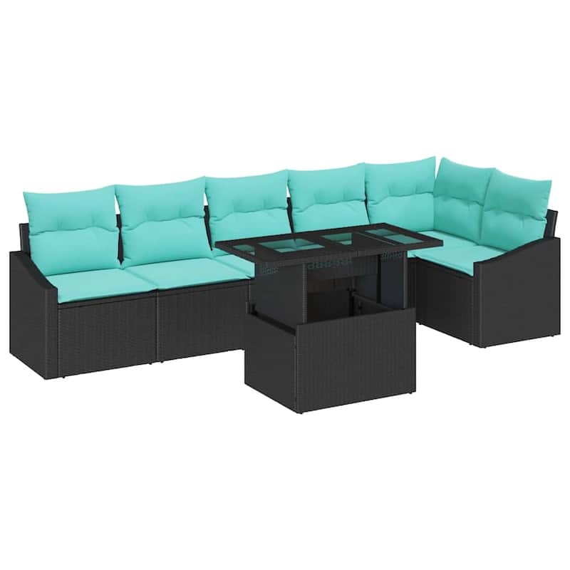 vidaXL 7 Piece Garden Sofa Set with Cushions Black Poly Rattan - 113.6×48.6×27.2