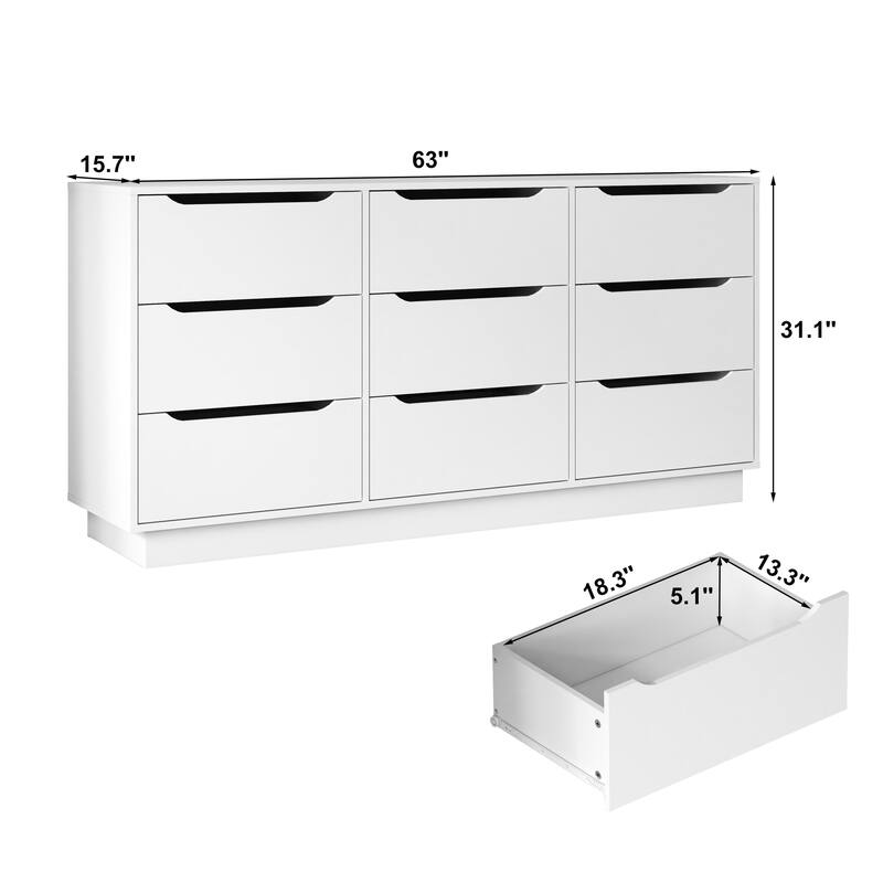 9 Drawer Dresser for Bedroom with Deep Drawers, Large Floor Wood Dressers & Chest of Drawers, Modern White Long Dressers