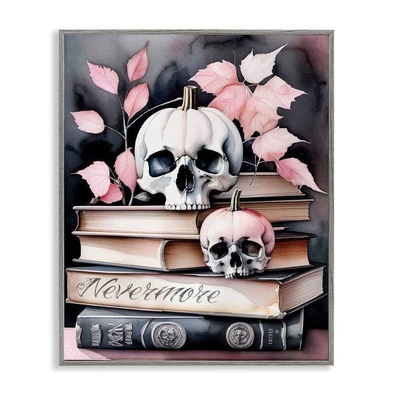 Stupell Spooky Skull Book Stack Framed Giclee Art Design By Tabz Jones - 24 x 30 - Grey