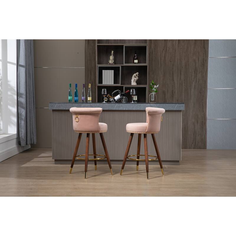 Counter Height Bar Stools Set of 2, Kitchen Bar Stools with Solid Wood Legs, Upholstered Dining Room Chairs with Footrest