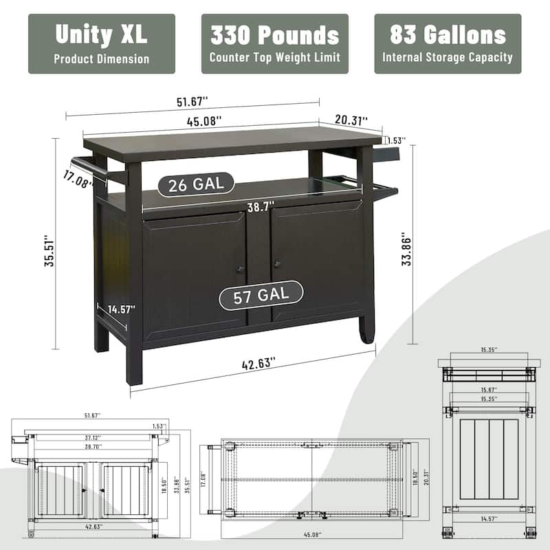 Grill Carts Outdoor Storage Cabinet with Wheels, Metal Outdoor Grill Table Kitchen Dining Table Cooking Prep BBQ Table
