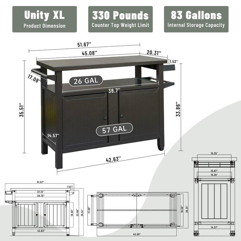 Grill carts Outdoor Storage Cabinet with Wheels, Metal outdoor grill table Kitchen Dining Table Cooking Prep BBQ Table for Patio