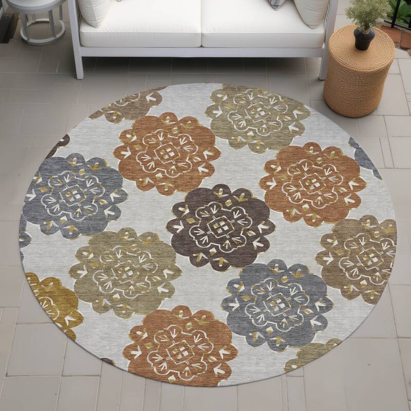 Machine Washable Indoor/ Outdoor Global Motif Chantille Rug - Earth - 8' x 8'