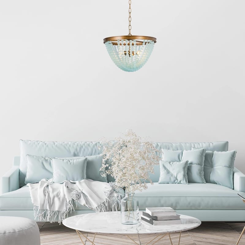 Coastal Beach 3-light Beads Chandelier Mid-century Modern Boho Blue White Pendant Lights - D15.7"*H11.5"
