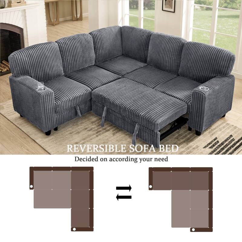 Modern Corduroy 5-seater L-shaped Convertible Sectional Sofa Bed with Pull-out Bed and USB Charging