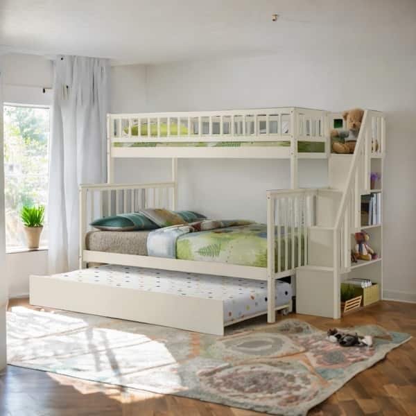 slide 2 of 10, Cream Wooden Twin over Full Stairway Bunk Bed with Trundle
