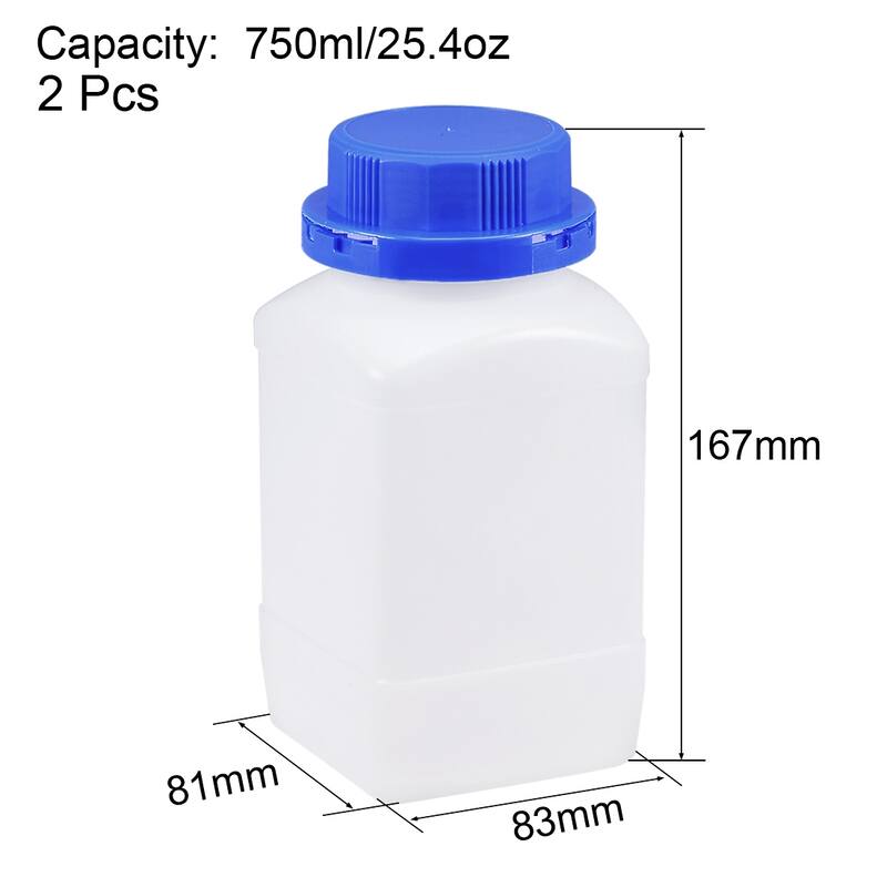 2x Plastic Lab Reagent Bottle Sample Sealing Liquid Storage Container - Translucent, Blue - 750ml/25.4oz
