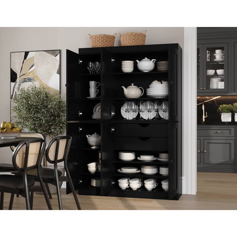 Palace Imports 100% Solid Wood 48.5" Pantry Cabinet with Shaker Doors, 2-Drawers and Adjustable Shelves - Black