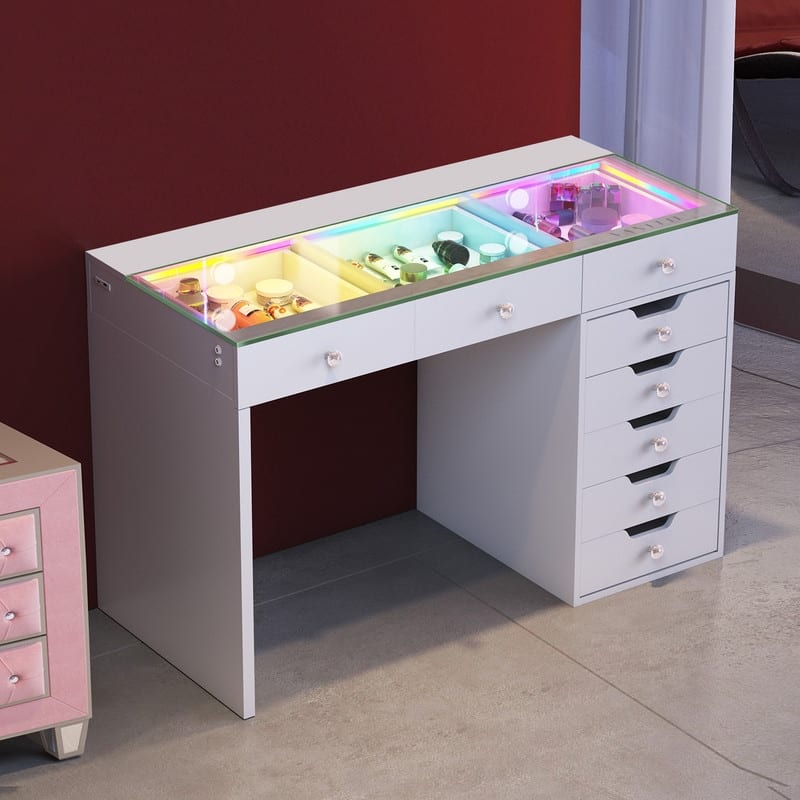 VANITII 8 Drawers Makeup Vanity Desk With RGB Strip Lights For Bedroom Dresser Vanites Metal White