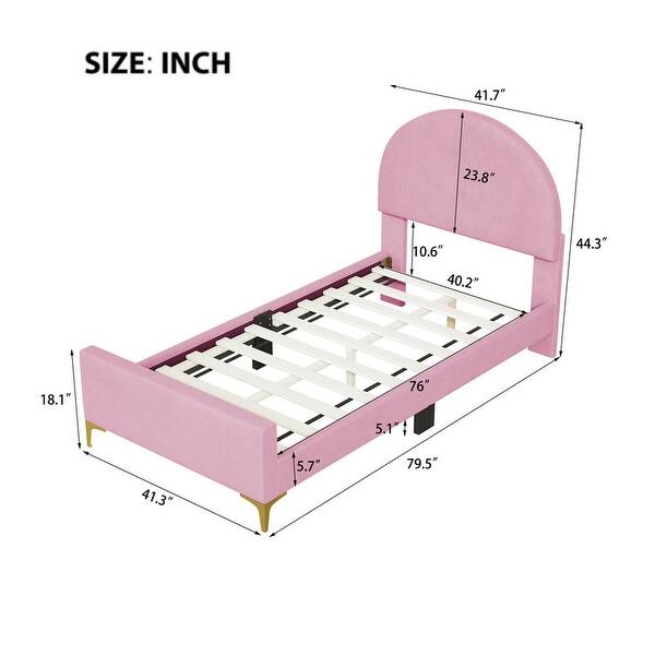dimension image slide 3 of 6, Twin/Full Size Velvet Bed Frame with Classic Semi-circle Shaped Headboard, Upholstered Platform Bed w/ Metal Legs for Kids Teens