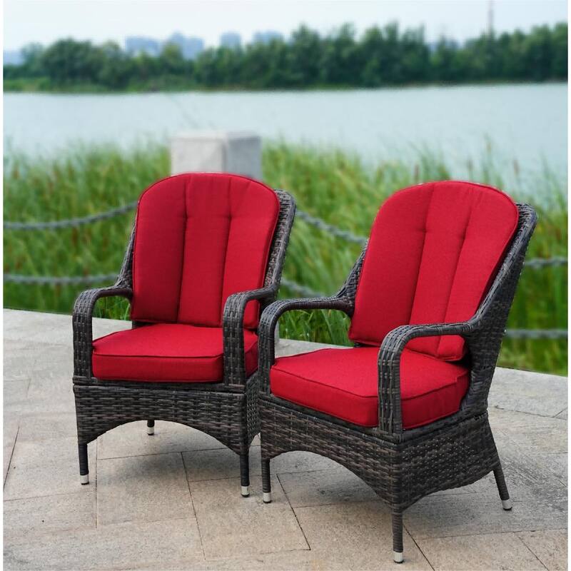Moda 2-Piece Outdoor Wicker Dining Chairs with Cushions - Brown Wicker+Red Cushion