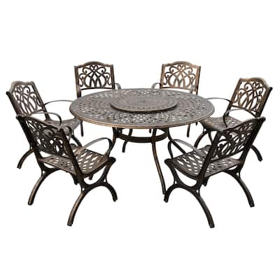 Modern Ornate Outdoor Mesh Aluminum 59-in Large Round Patio Dining Set with Lazy Susan and Six Chairs - N/A