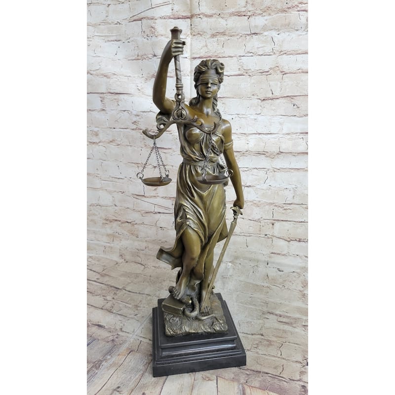 Real Bronze Metal Statue With Marble Lady Blind Justice Scales Lawyer Sculpture
